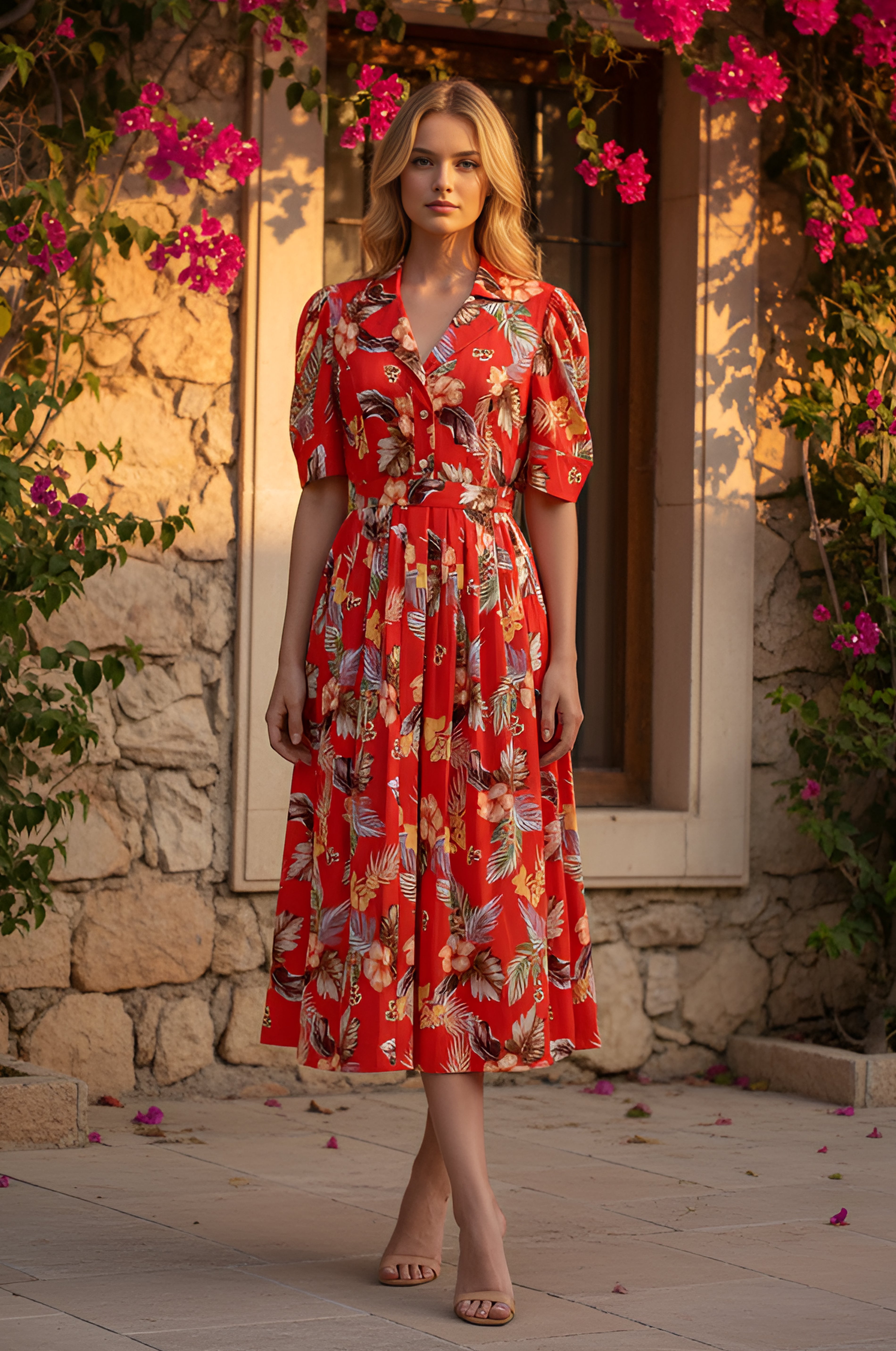 A woman stands outdoors by a stone wall and window, wearing the Crimson Bloom Casual Midi Dress: Lily with short sleeves, paired with beige heels and surrounded by pink bougainvillea flowers.